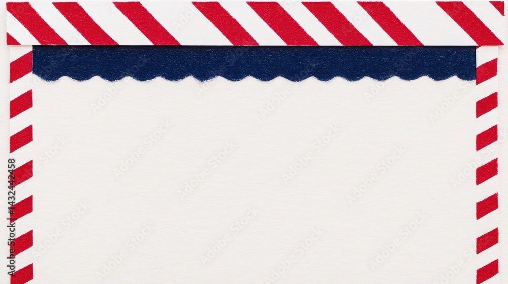 Fototapeta premium A decorative envelope with red and white stripes and a navy blue scalloped edge, ideal for sending letters or invitations.