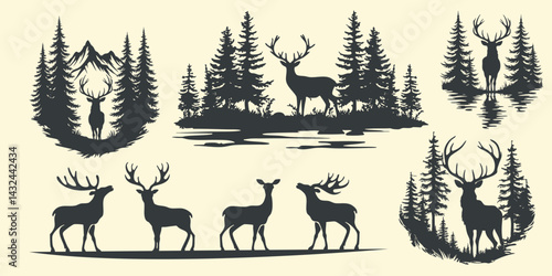 Deer Silhouette Vector Set with Forest and Mountain Background
