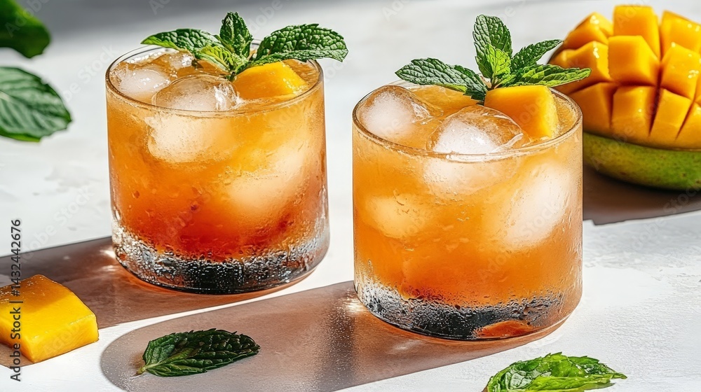 Tropical Mango Drinks with Ice and Mint Leaves, Refreshing Summer Beverage with Mango and Mint Tropical Mango Drinks with Ice and Mint Leaves, Refreshing Summer Beverage with Mango and Mint