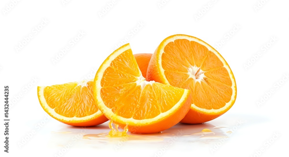 Fototapeta premium Bahia orange cut in half with segments exposed on a white background, showing intense orange color and juiciness. Small juice droplets visible, evoking freshness and vitamin-rich appeal.