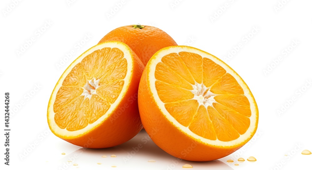 Fototapeta premium Bahia orange cut in half with segments exposed on a white background, showing intense orange color and juiciness. Small juice droplets visible, evoking freshness and vitamin-rich appeal.