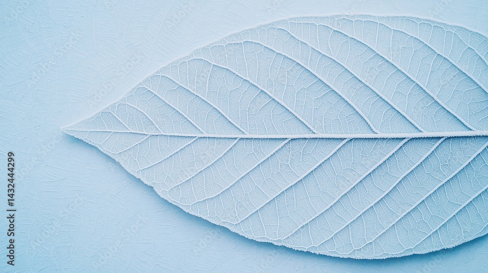 Obraz premium A delicate, white leaf showcasing intricate vein patterns against a soft blue background, creating a serene and minimalist aesthetic.