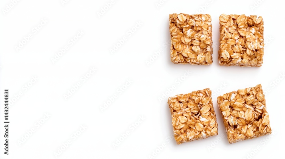A clean, minimalist image featuring four square granola bars made from oats, set against a plain white background. A clean, minimalist image featuring four square granola bars made from oats, set against a plain white background.