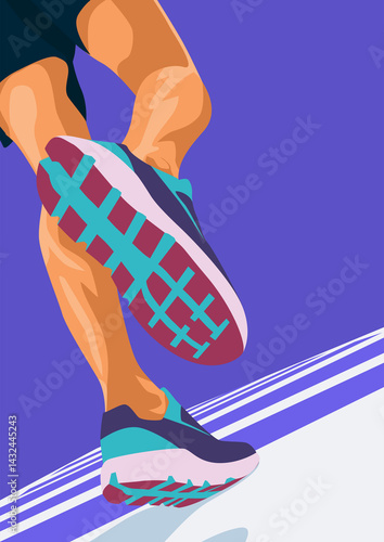 Runner's Legs Poster Illustration Design. Minimalist Sports Poster with Purple Background Color. Running Flat Illustration