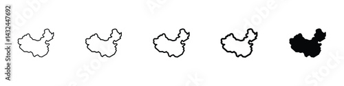 Set of 5 pixel perfect china map icon with 1 unexpanded, 1 silhouette, China map icon depicting the geographic outline of China for cultural, educational, or travel use