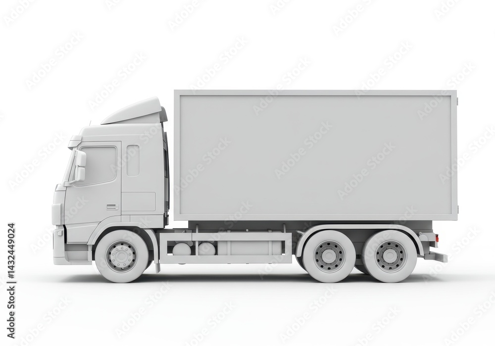 Side view of a white semi truck with a trailer on a white background in a studio shot render style Side view of a white semi truck with a trailer on a white background in a studio shot render style