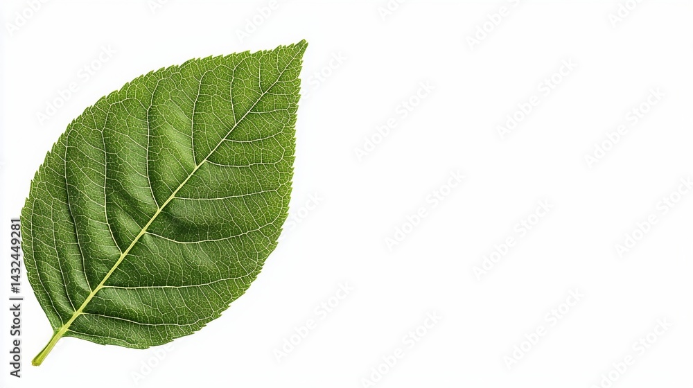 Obraz premium A vibrant green leaf showcasing intricate veins and texture against a clean, white background.