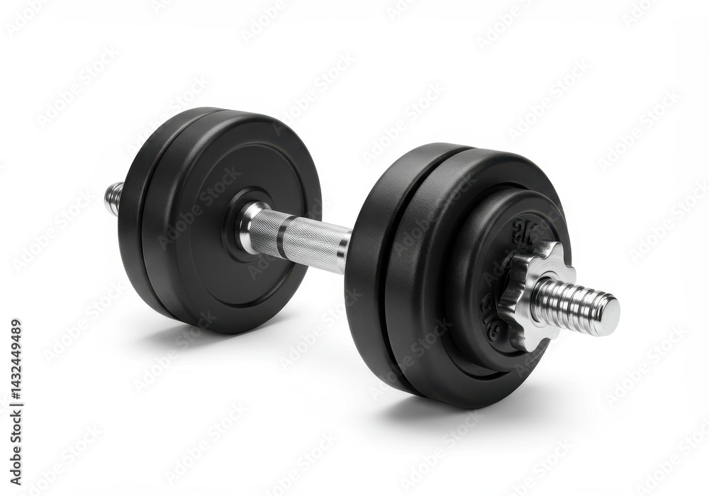 A black dumbbell with multiple weights on a white background for strength and fitness training A black dumbbell with multiple weights on a white background for strength and fitness training