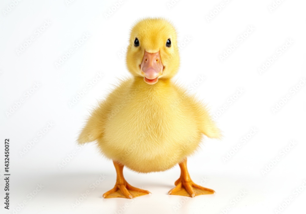 Portrait of a fluffy yellow duckling standing on a white surface looking directly at the camera lens Portrait of a fluffy yellow duckling standing on a white surface looking directly at the camera lens