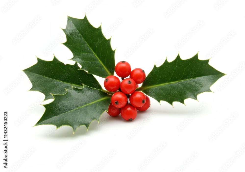 Holly with red berries and green leaves isolated on a white background in a close up studio shot Holly with red berries and green leaves isolated on a white background in a close up studio shot