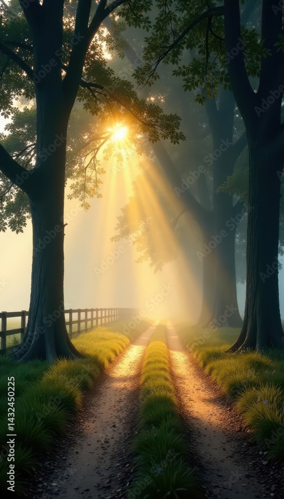 Fototapeta premium Sunlight filters through fog, illuminating a tranquil country lane amidst ancient trees , morning, daybreak