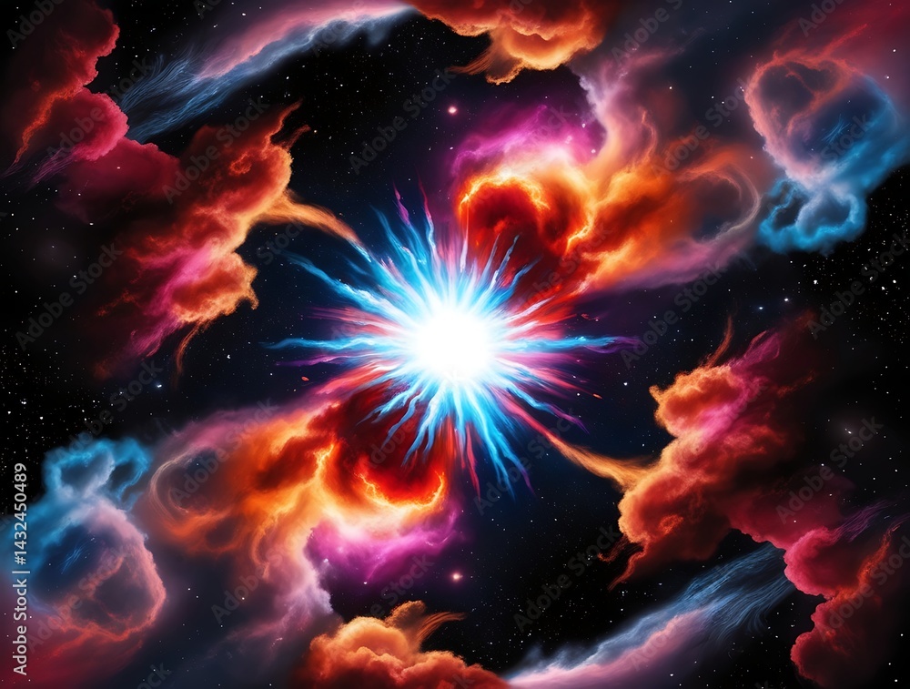 Spectacular interstellar burst with colorful nebula clouds and a luminous star in the dark galaxy, representing the beauty and mystery of the universe's endless expansion
Spectacular interstellar burst with colorful nebula clouds and a luminous star in the dark galaxy, representing the beauty and mystery of the universe's endless expansion