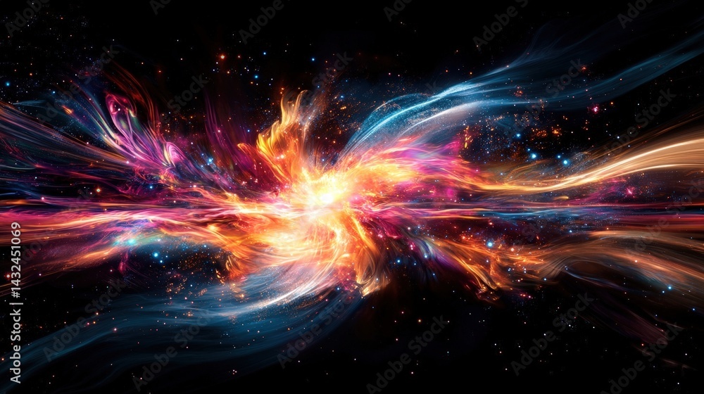 Naklejka premium A stunning cosmic explosion bursting with colorful energy and light, creating a mesmerizing visual effect in the dark space.