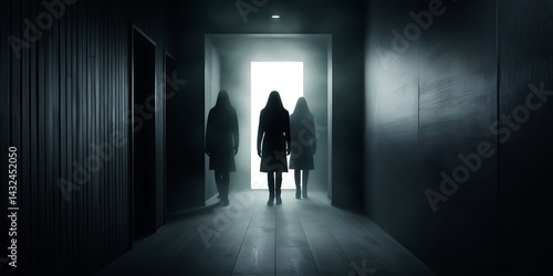 Wallpaper Mural Two shadowy figures walking down a dark corridor towards a bright doorway, creating a mysterious, dramatic atmosphere filled with suspense and tension

 Torontodigital.ca