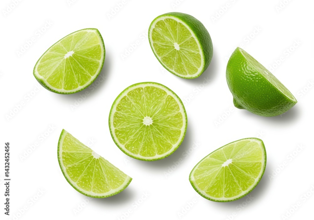 A top down view of several lime wedges and halves scattered on a plain white surface studio shot image A top down view of several lime wedges and halves scattered on a plain white surface studio shot image