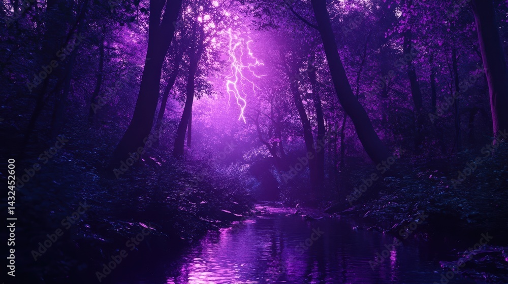 Fototapeta premium Magical Purple Forest with Lightning and Reflecting River