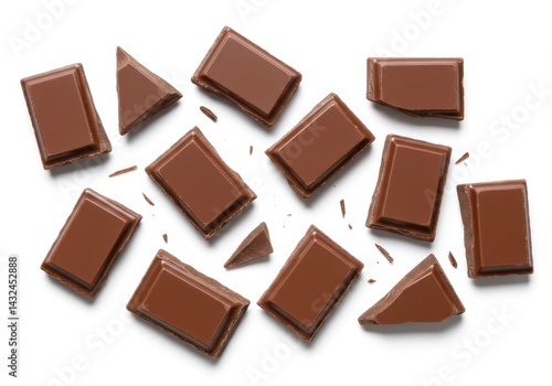 Overhead view of scattered milk chocolate pieces and crumbs on a white background flat lay style image