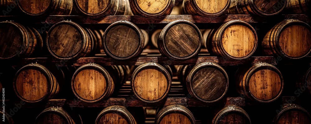 Whiskey, bourbon, and scotch barrels showcased in an aging facility. Whiskey, bourbon, and scotch barrels showcased in an aging facility.