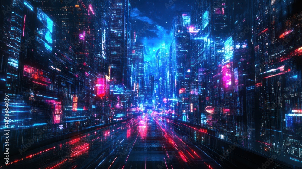 Naklejka premium Neon Metropolis: A Vibrant Nightscape of Future Urban Illumination and Technology