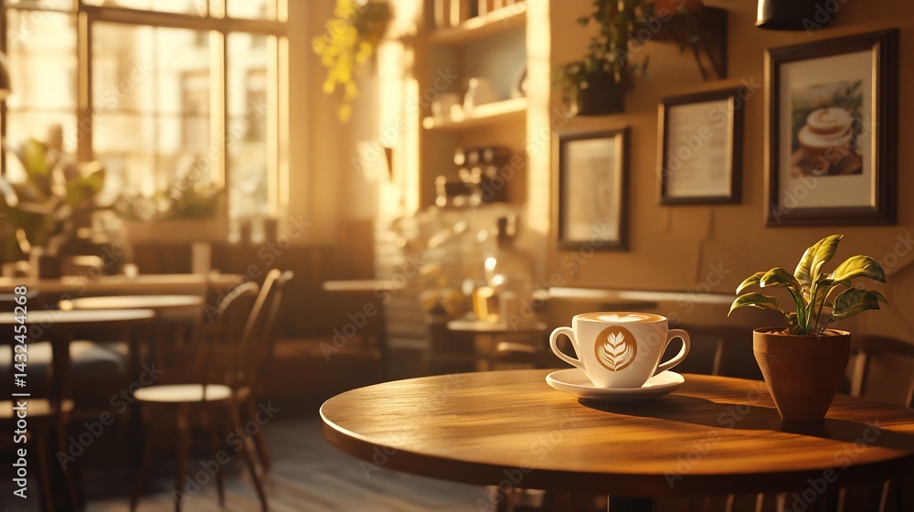 Warm Coffee Shop Ambiance with Latte Art and Potted Plant at Sunrise Warm Coffee Shop Ambiance with Latte Art and Potted Plant at Sunrise