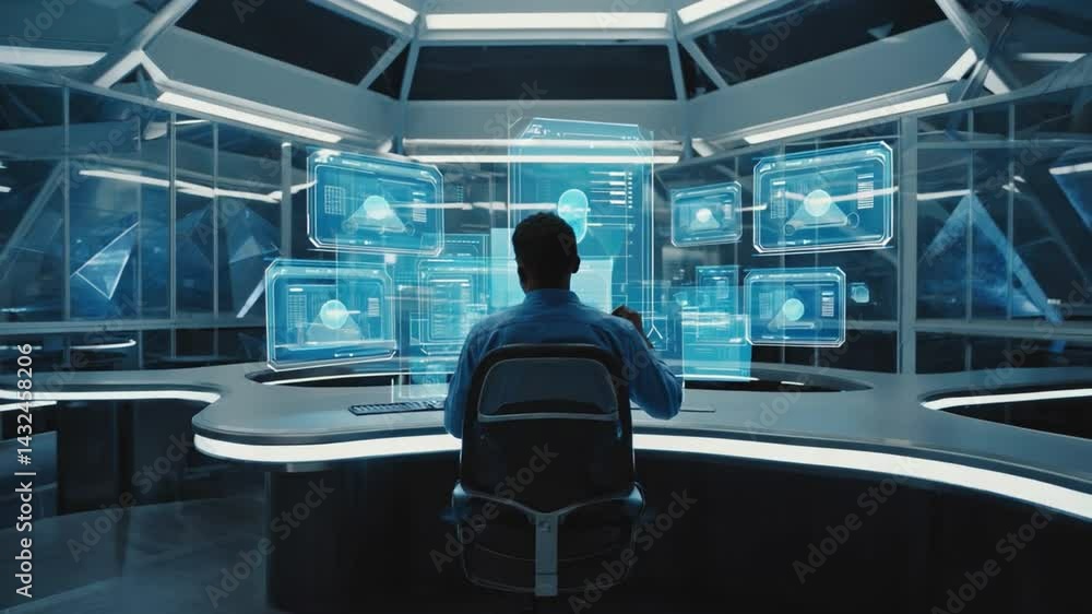 Person working in a futuristic control room. Person working in a futuristic control room.