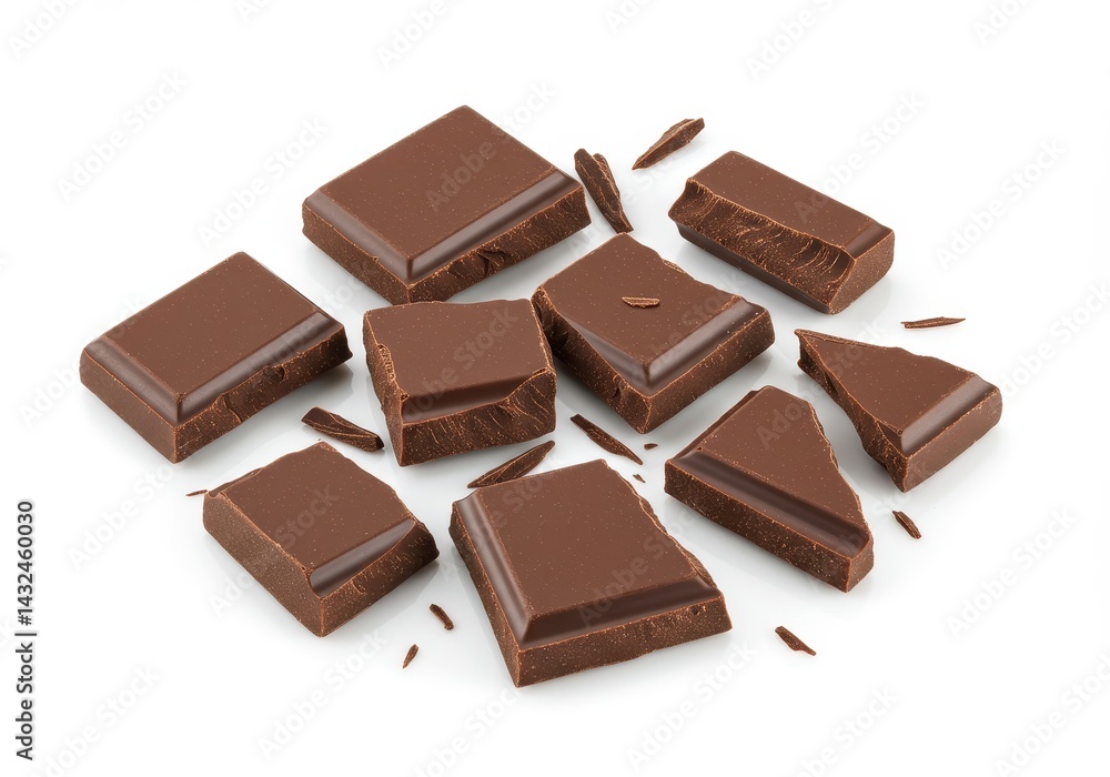 Indulge in rich dark chocolate pieces a delightful treat scattered on a pristine white background The broken squares show the smooth texture Indulge in rich dark chocolate pieces a delightful treat scattered on a pristine white background The broken squares show the smooth texture