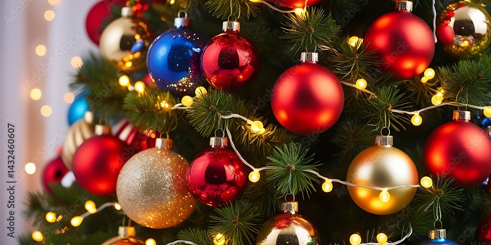Naklejka premium Festive Christmas tree decorated with shiny red, blue, gold, and silver ornaments, glowing fairy lights, and evergreen branches, creating a joyful and magical holiday atmosphere