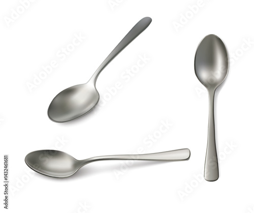 3d realistic vector icon illustration. Silver spoon in different views. Isolated on white background.