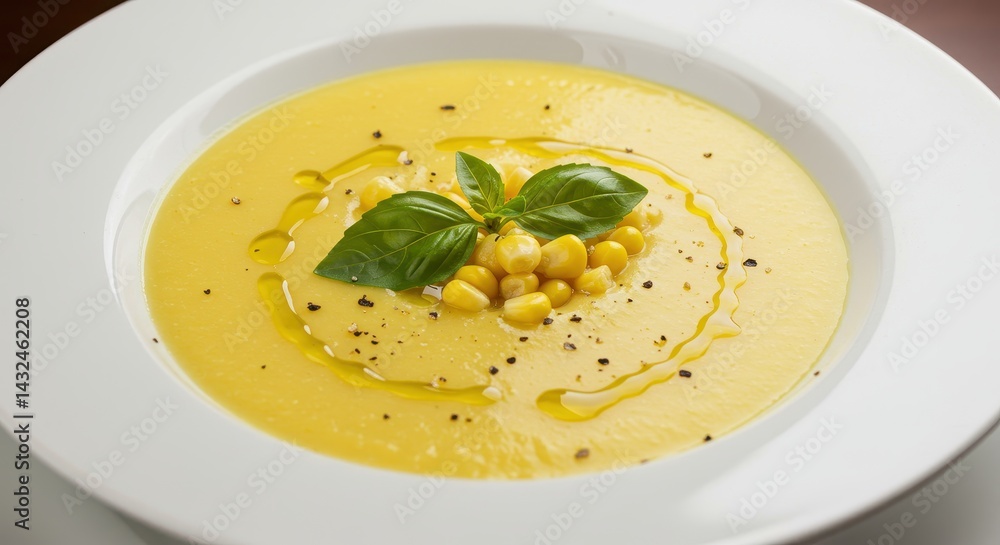 Close up of creamy corn soup with basil garnish and oil drizzle in a white bowl on a neutral background Close up of creamy corn soup with basil garnish and oil drizzle in a white bowl on a neutral background