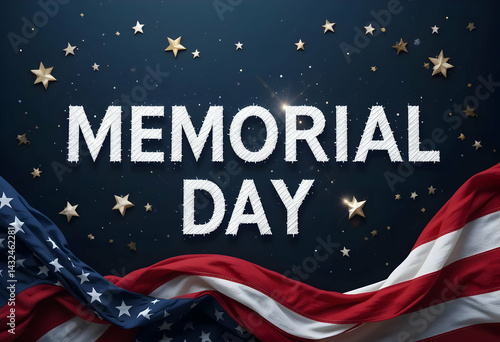 Memorial Day tribute with American flag, stars, and stripes on a dark blue night sky.