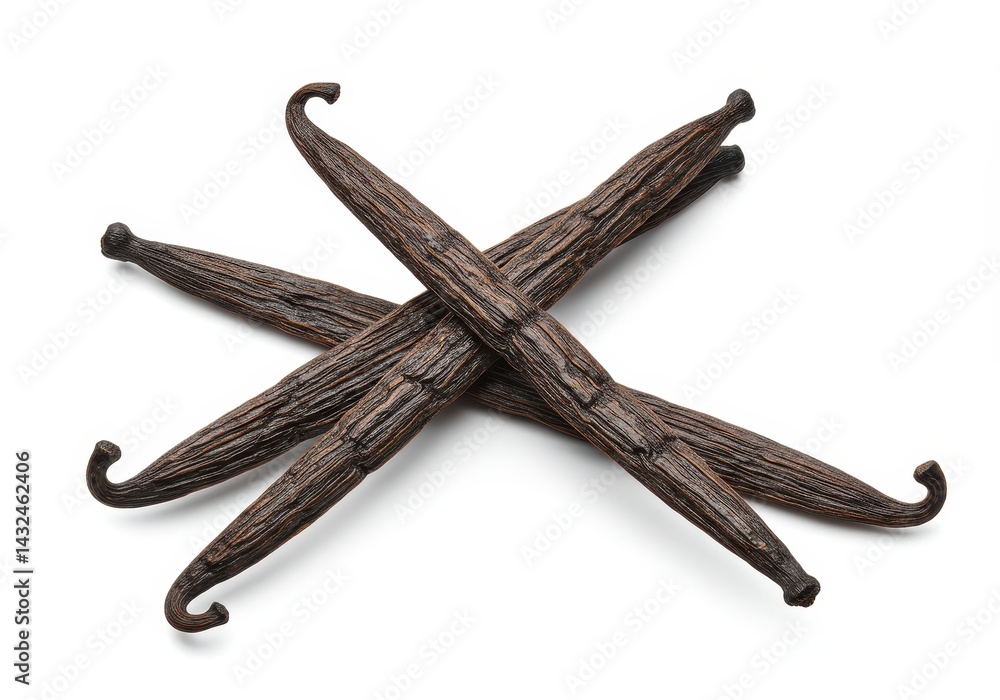 Obraz premium Aromatic vanilla beans rich dark brown crisscrossed isolated on a pure white background showcasing their intense flavor and natural beauty