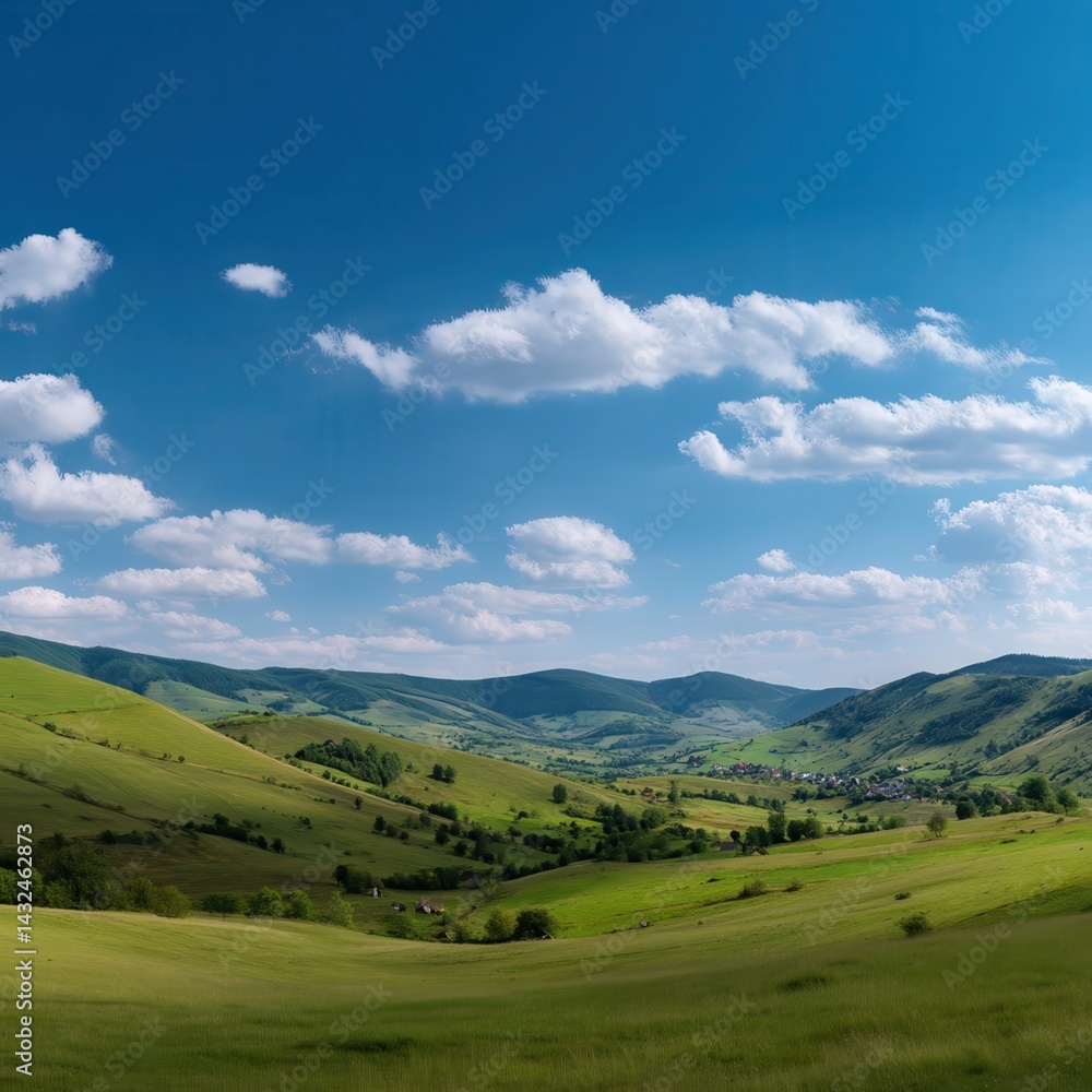 Fototapeta premium panorama of beautiful countryside of romania. sunny afternoon. wonderful springtime landscape in mountains. grassy field and rolling hills. rural scenery.