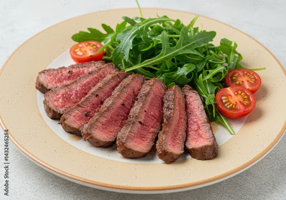 Sliced medium rare steak with arugula and tomato halves on a beige rimmed plate close up view Sliced medium rare steak with arugula and tomato halves on a beige rimmed plate close up view