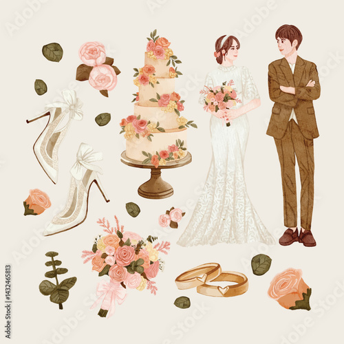 Elegant wedding illustration with cake and couple