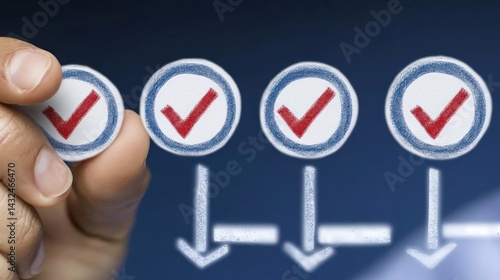 Hand holding check marks in sequential order on a dark background.