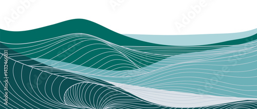 Abstract Mountain landscape background with line art, mountains, sea and ocean wave. creative minimalist modern art print. use for print art, poster, cover, banner