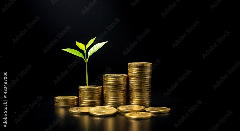 Growing Investment Concept with Coin Stacks and Seedling Growing Investment Concept with Coin Stacks and Seedling