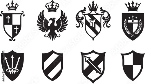 set of heraldic shields, shield, emblem, icon, vector, symbol, heraldic, crest, design, illustration, sign, badge, banner, decoration, arms, frame, insignia, crown, label, element, heraldry, vintage, 