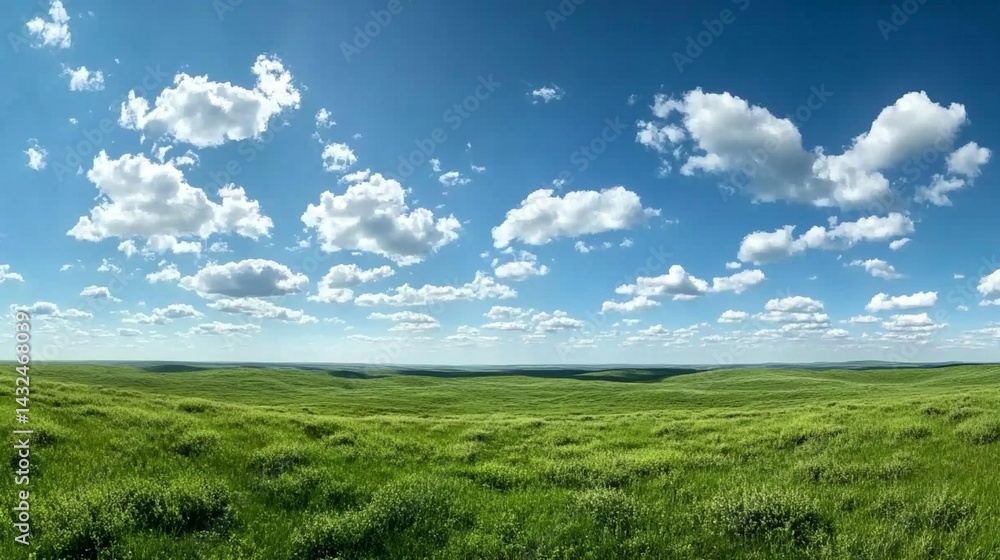 Vast green field under blue sky with fluffy clouds peaceful nature scene Vast green field under blue sky with fluffy clouds peaceful nature scene