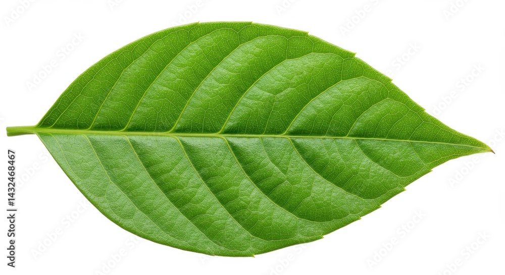 Obraz premium A single green leaf with prominent veins isolated on a white background in a studio shot scene