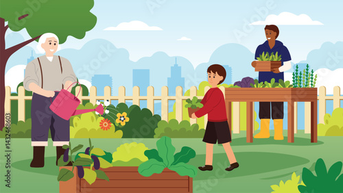 Happy family  a senior man, a woman and a child, gardening together in a greenhouse, taking care of  flower plants and smiling.
