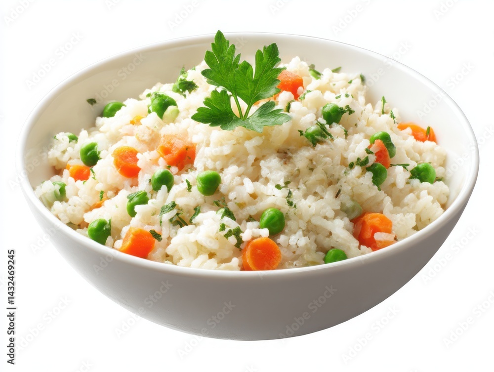 Rice with peas and carrots in bowl isolated on white background Rice with peas and carrots in bowl isolated on white background