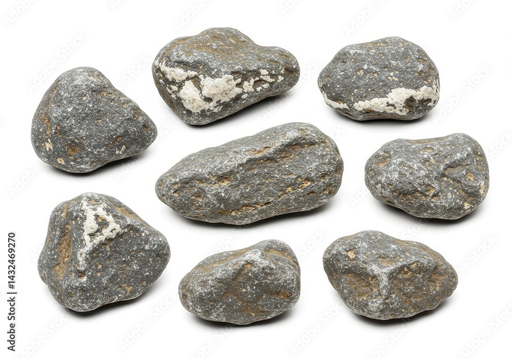 Eight grey stones isolated on white background showcasing various shapes and textures a collection of natural river rocks with subtle Eight grey stones isolated on white background showcasing various shapes and textures a collection of natural river rocks with subtle