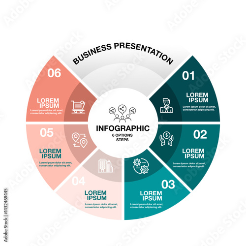 Infographic circular diagram with 6 options. Round chart that can be used for business analytics, data visualization and presentation. Vector illustration eps