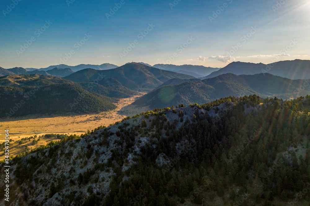 Obraz premium Aerial view of mountains covered with dense trees in a misty weather. Natural landscape photo.