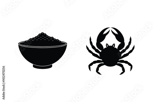 Crab And Caviar Silhouette Illustration Seafood Gourmet Delicacy Luxurious Food Black And White