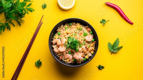 Top view of shrimp fried rice in a black bowl with chopsticks and lemon on a yellow background surface