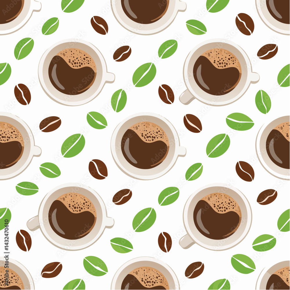 Obraz premium Seamless pattern with coffee cups and beans on a white background.