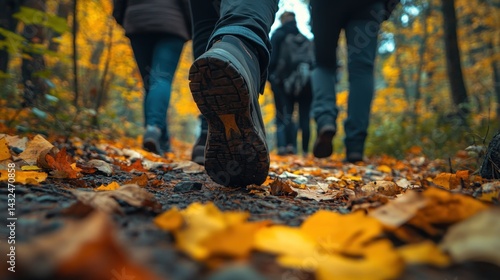 exploring nature's beauty on foot with a group of friends during autumn in a picturesque forest filled with colorful fallen leaves underfoot highlighting friendship and outdoor adventures