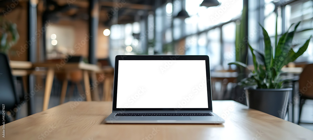 A Laptop with Transparent PNG Screen for Personalized Branding and Advertisement in a Modern Coworking Office Workspace A Laptop with Transparent PNG Screen for Personalized Branding and Advertisement in a Modern Coworking Office Workspace